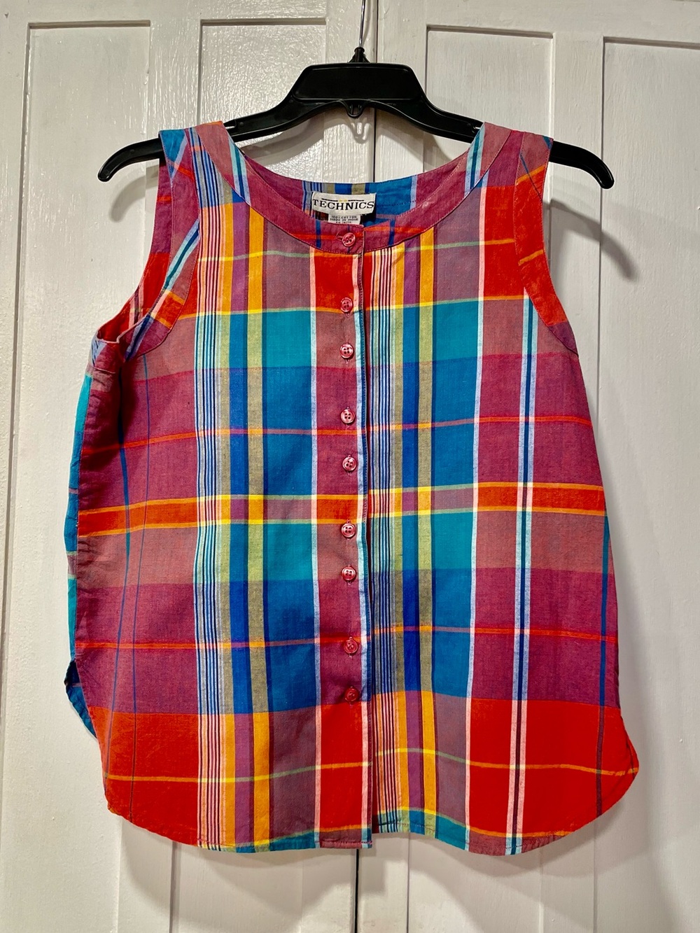 TECHNICS Vintage 100% Cotton Plaid Tank Top Bright Madras Button Front Sz. Small